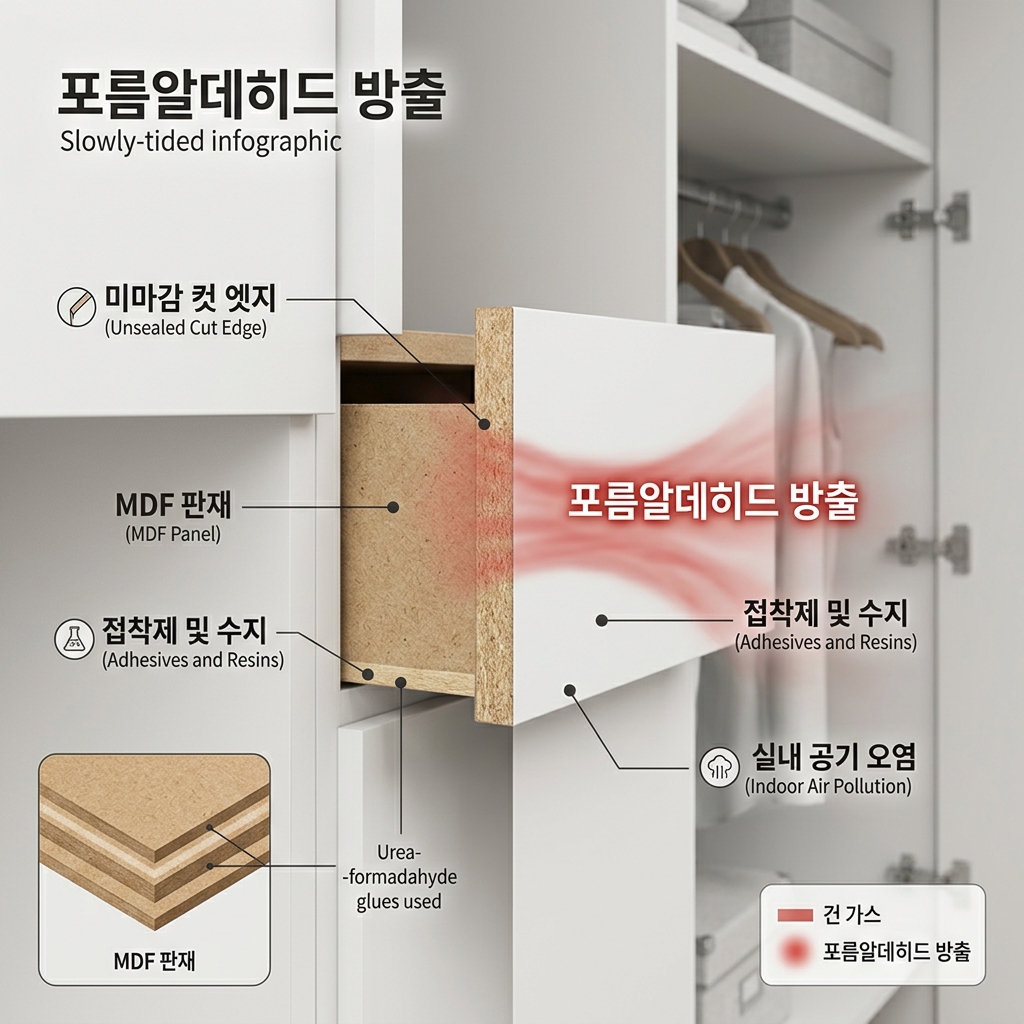 가구 절단면(MDF) 포름알데히드 방출 인포그래픽