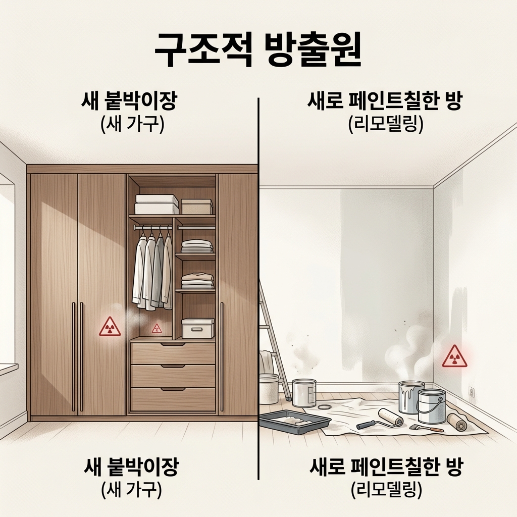 신축과 리모델링의 구조적 방출원 비교 일러스트