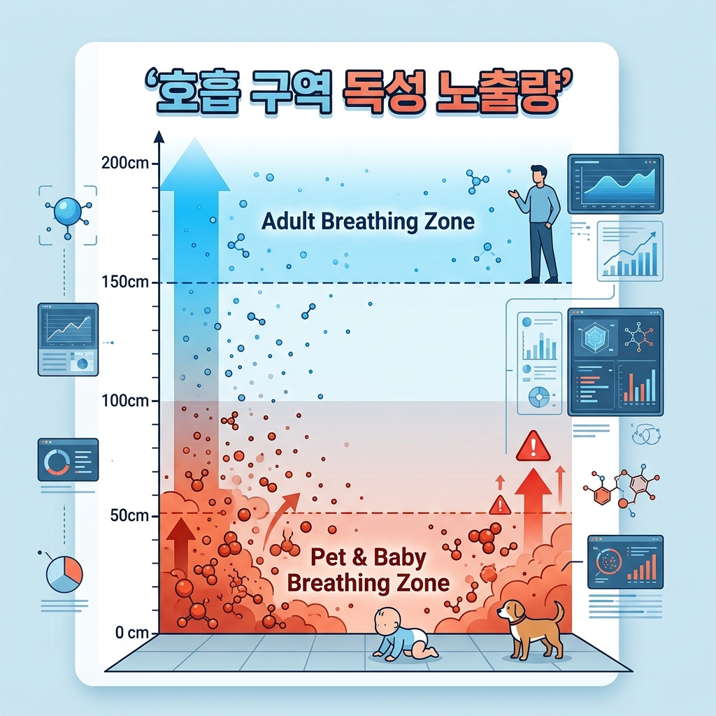 어른과 반려동물 영유아의 호흡 구역 독성 노출량 비교