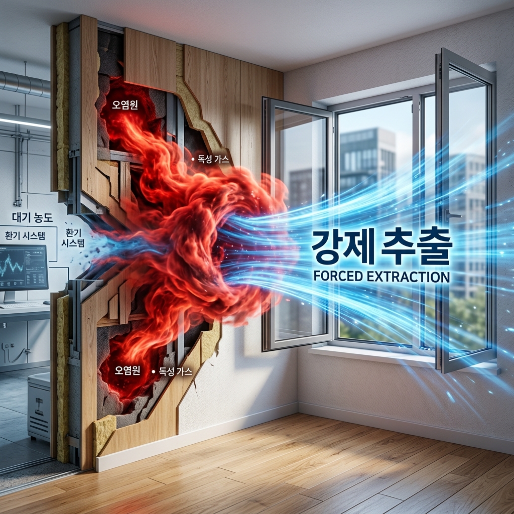 환기를 통한 유해물질 강제 추출 원리 시각화