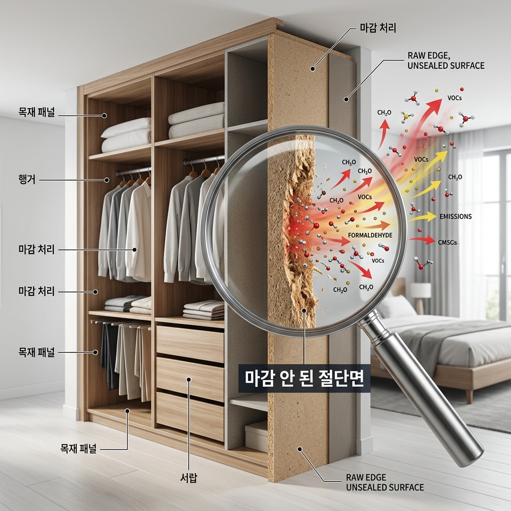 마감 안 된 절단면에서 유해가스가 방출되는 단면도