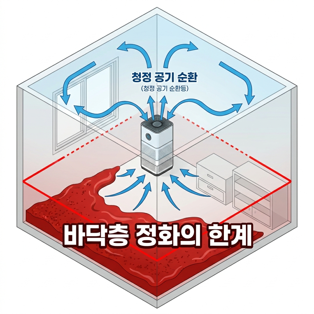 공기청정기의 바닥층 정화 한계 시각화