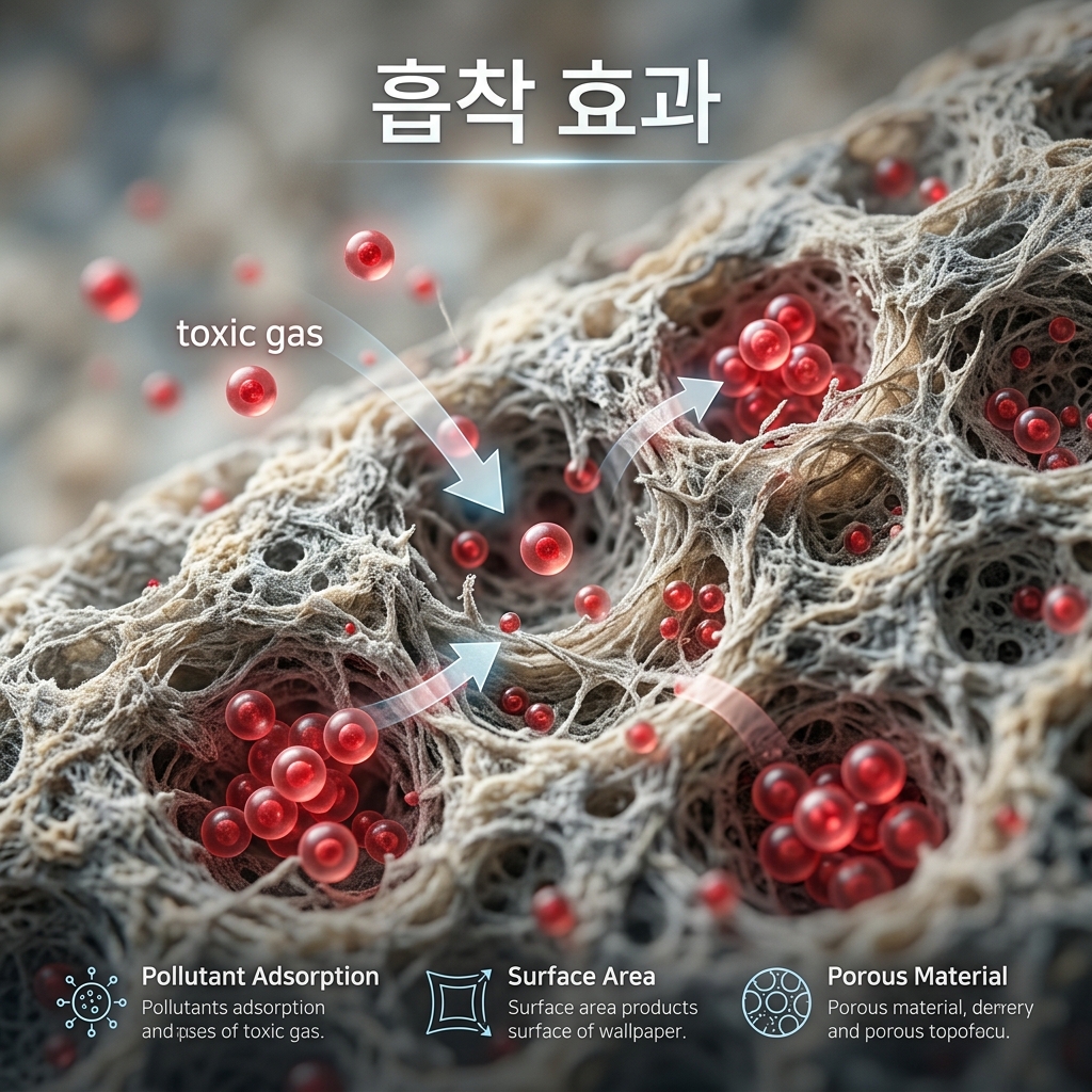 벽지와 다공성 자재가 유해물질을 빨아들이는 흡착 효과 시각화
