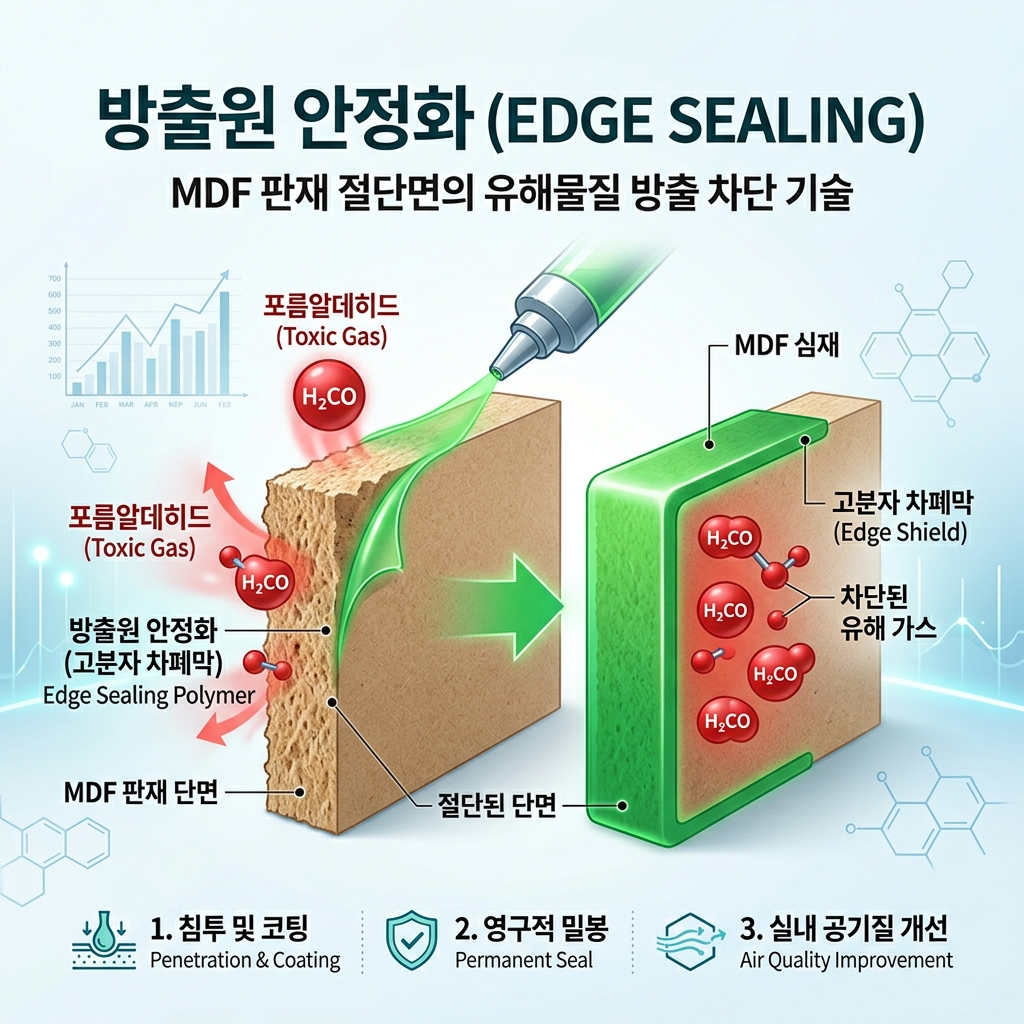 폴리머 차단막을 통한 방출원 안정화(엣지 실링) 과학적 원리도