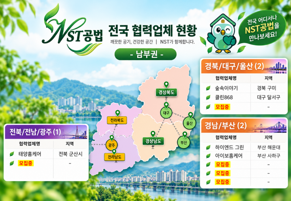 NST공법 전국 공식 협력업체 안내 지도｜서울 경기 인천 충청 전라 경상 지역별 새집증후군 시공 전문업체