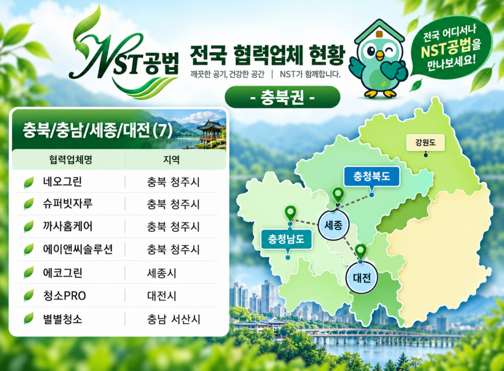 NST공법 충북권 공식 협력업체 7개소 안내 지도｜충북 청주, 충남 서산, 세종, 대전 새집증후군 시공